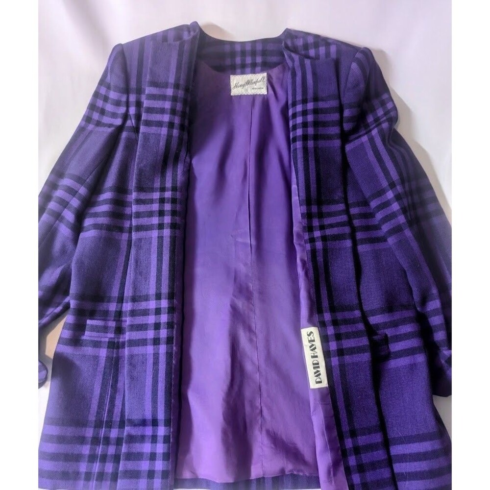 David Hayes Wool Plaid Blazer Women Purple Black Checkered Lined Vintage Jacket